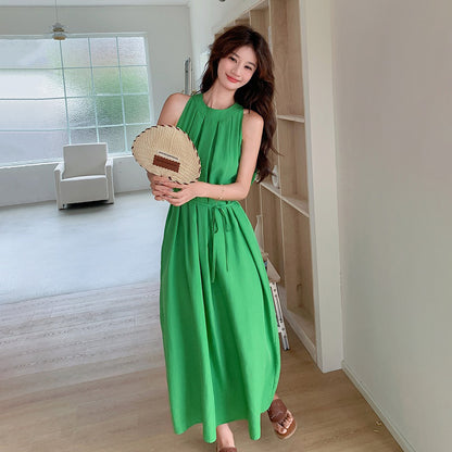 【ワンピース】夏 バカンス森系 細見え気質 ノースリーブオフショルダーワンピース【JZシリーズ】