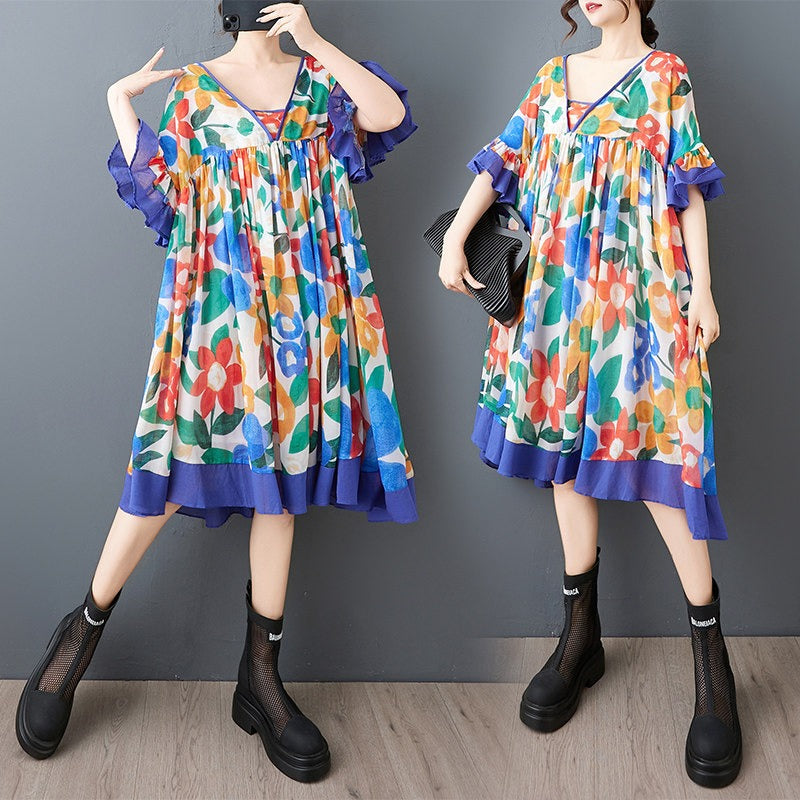 【ワンピース】プリントシフォンワンピース レディース ゆったり 体型カバー 着痩せ ロング丈 夏ワンピース【SHシリーズ】