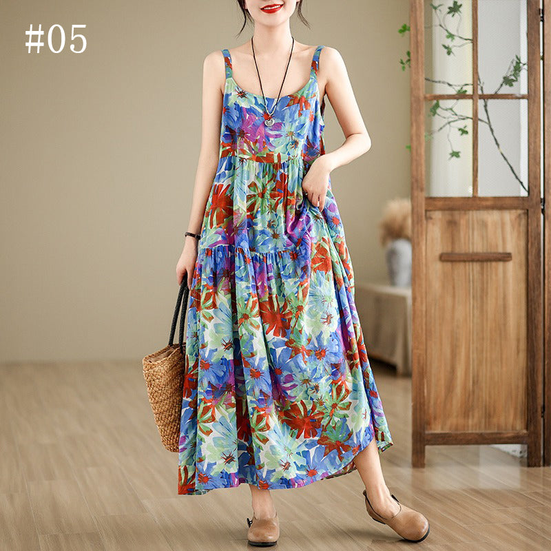 全6柄展開【ワンピース】綿麻素材 花柄キャミロングワンピース｜ゆったり大きめサイズ ノースリーブワンピース【SHシリーズ】