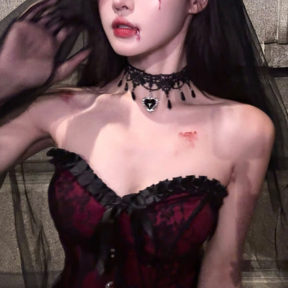 【ハロウィン】血の月の契約 ゴシック風 レースチョーカー ハートクロス ネックレス コスプレ花嫁