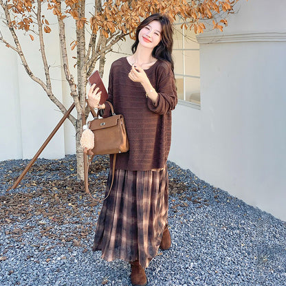 2点セット！【セットアップ】マラード風ゆる感ニット透かし編みカーディガン×チェック柄ノースリーブワンピースセット【SHシリーズ】