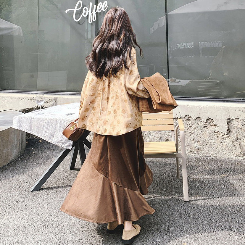 3点セット！【セットアップ 】春新作メラードスエードベスト＋レトロプリントシャツ＋スカート 上下セット 文芸風コーデ【SHシリーズ】