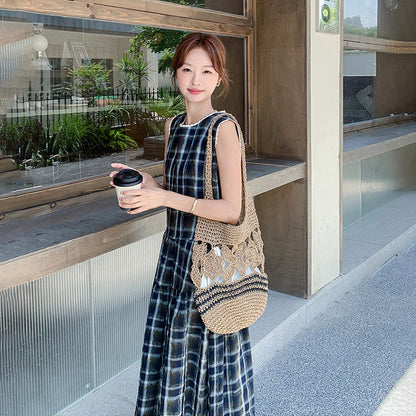 【ワンピース】フレンチリラックス感 カジュアルで細見え 気質 レトロチェック ノースリーブワンピース【SHシリーズ】