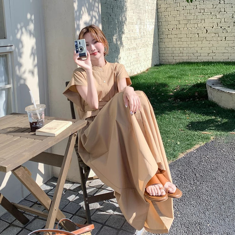 【ワンピース】カジュアル スリム見え カーキ シャツワンピース レディース 夏 ロング丈 個性的で美しい 気品あるおしゃれスタイル【JZシリーズ】