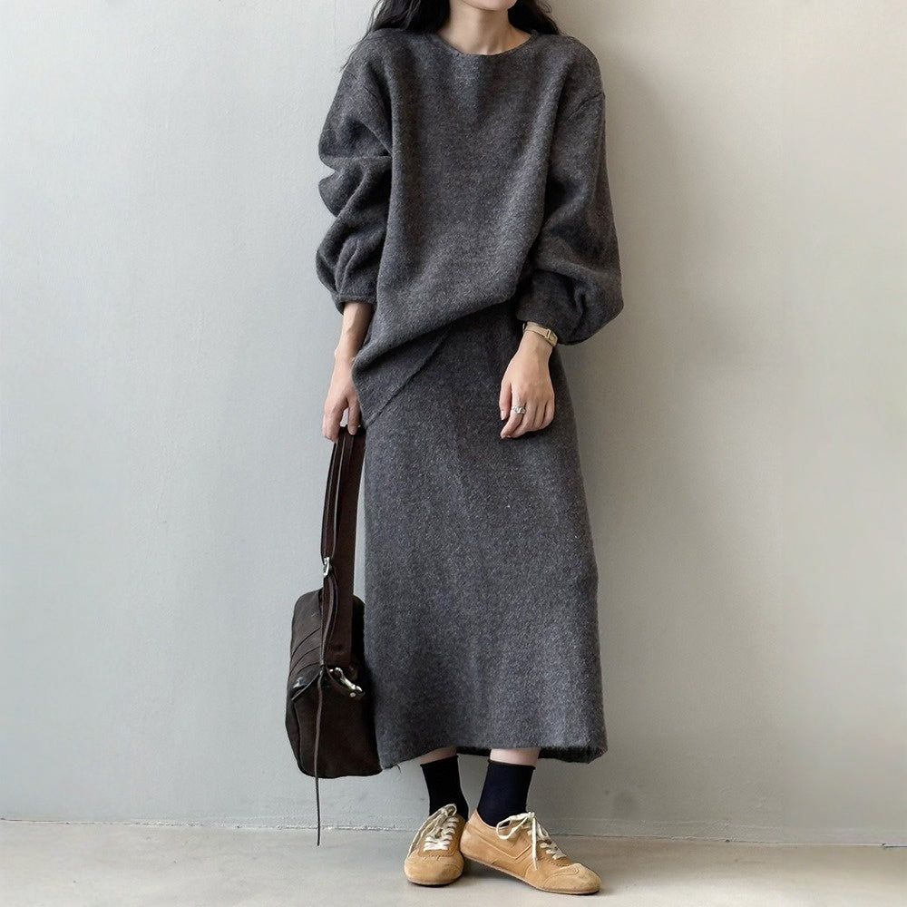 【セットアップ】春 秋 冬 ラウンドネック セーター + 着痩せ効果 スカート 2点上下セット 【SNシリーズ】