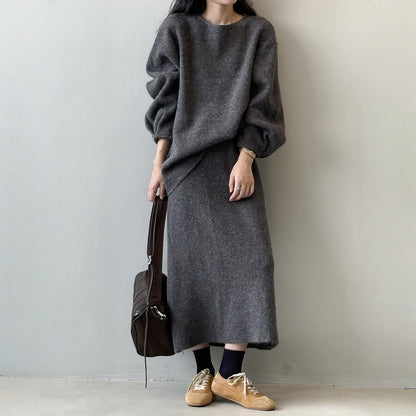 【セットアップ】春 秋 冬 ラウンドネック セーター + 着痩せ効果 スカート 2点上下セット 【SNシリーズ】