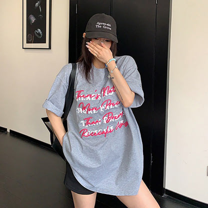 【トップス】ストリート系 ヴィンテージ加工 立体ロゴ刺繍Tシャツ 夏 レディース ルーズフィット 半袖【FCシリーズ】