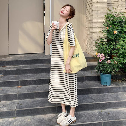 【ワンピース】透かし編みフード付きニットストライプ 半袖ワンピース レディース 夏 学院風 韓国風コーデ 【SHシリーズ】