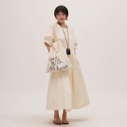 【ワンピース】ウォッシュド 高密度綿 半袖ワンピース レディース 小众デザイン 夏用 薄手 ロングドレス【JZシリーズ】