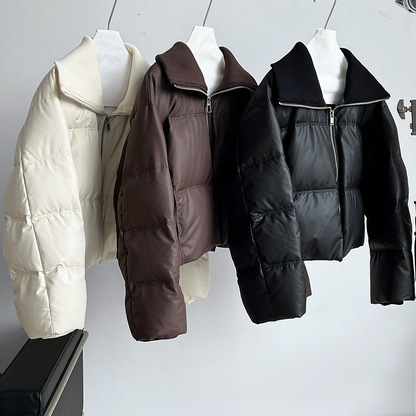 【アウター】冬新作 PUレザー切り替え ダウンコート レディース ショート丈 ホワイトダックダウン【JZシリーズ】