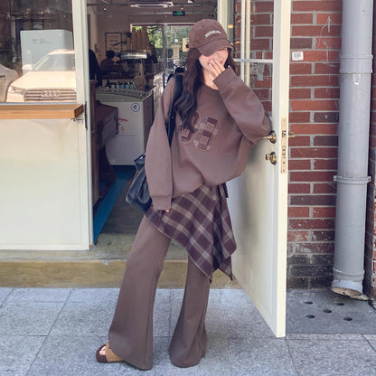 2点セット!【セットアップ】ブラウン 韓国風 カジュアル ロゴスウェット＋チェックワイドパンツ 上下セット【JZシリーズ】