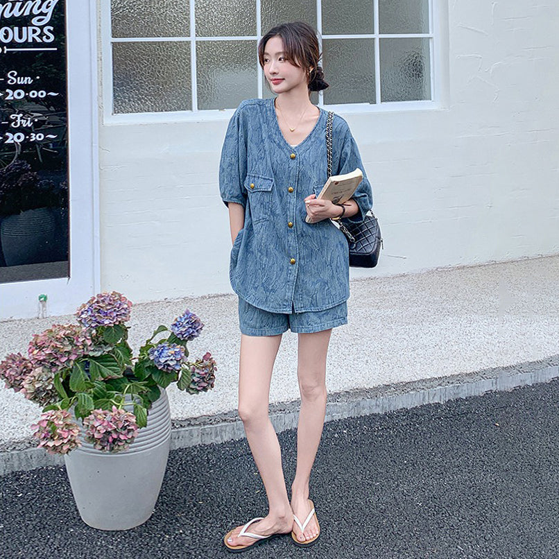 2点セット【セットアップ】ジャカードデニムセットアップ 薄手＆高見え 若見えショートパンツ上下セット【JZシリーズ】【SHシリーズ】