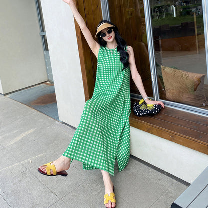 【ワンピース】韓国風 チェック柄ノースリーブワンピース レディース Aライン 着痩せ 体型カバー 夏ワンピース【SHシリーズ】