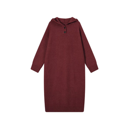 【ワンピース】フード付き ニット長袖ワンピース レディース 秋冬 韓国風 ルーズ 体型カバー ロング丈【FCシリーズ】【15～20日内発送】