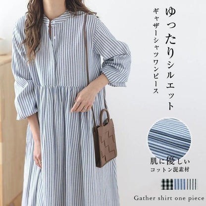 【24AW】【ワンピース】日系 清新 しま模様 ゆったり 長袖ワンピース