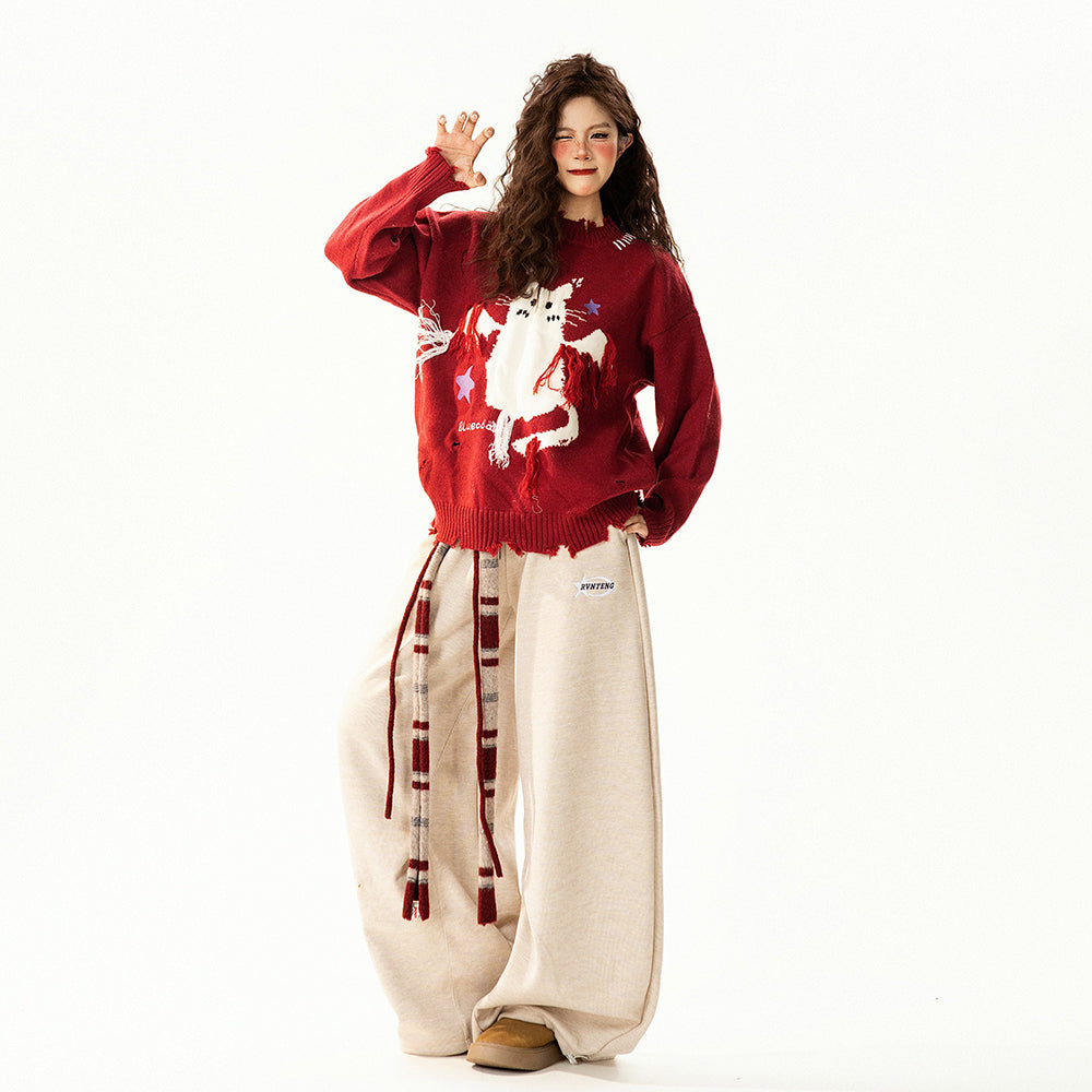 【トップス】レトロ 猫柄ジャカード クルーネック ニット レディース フリンジデザイン ゆったり 着回し セーター【FCシリーズ】