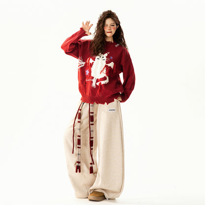 【トップス】レトロ 猫柄ジャカード クルーネック ニット レディース フリンジデザイン ゆったり 着回し セーター【FCシリーズ】