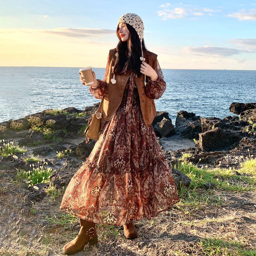 【ワンピース】ブラウン 花柄 長袖ワンピース ベスト付きセット レディース 2025秋新作 旅行 リゾート【SHシリーズ】