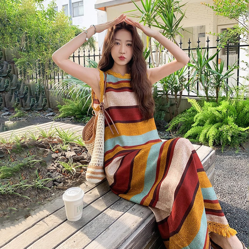 【ワンピース】韓国風ストライプ柄 ゆったりシルエット ドーパミン配色 ノースリーブワンピース【SHシリーズ】