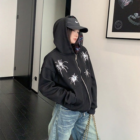 【アウター】刺繍 レトロ スパンコール ショート丈 フード付き ジャケット 【FCシリーズ】