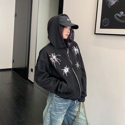 【アウター】刺繍 レトロ スパンコール ショート丈 フード付き ジャケット 【FCシリーズ】