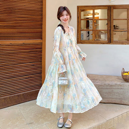 【ワンピース】超かわいい バタフライプリント ワンピース 春夏 ムード感たっぷり ハイウエスト 日焼け防止 ロングドレス【SHシリーズ】