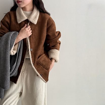 【アウター】春 秋 冬 ムートン風 折り襟 シープボア スエード調 ジャケット 【JZシリーズ】