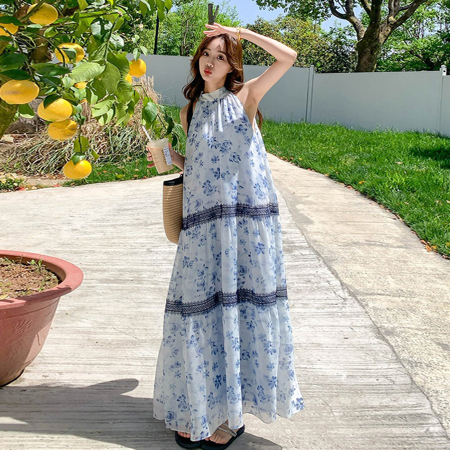 【ワンピース】ボヘミアン風 花柄シフォンワンピース レディース 夏新作 ホルターネック ノースリーブ ロング丈 マキシ丈 体型カバー リゾートワンピ【SHシリーズ】