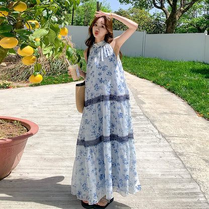 【ワンピース】ボヘミアン風 花柄シフォンワンピース レディース 夏新作 ホルターネック ノースリーブ ロング丈 マキシ丈 体型カバー リゾートワンピ【SHシリーズ】