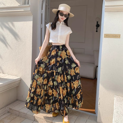 【ボトムス】切り替え  軽やか プリーツ フレア Aライン ハイウエスト シフォンスカート【SHシリーズ】