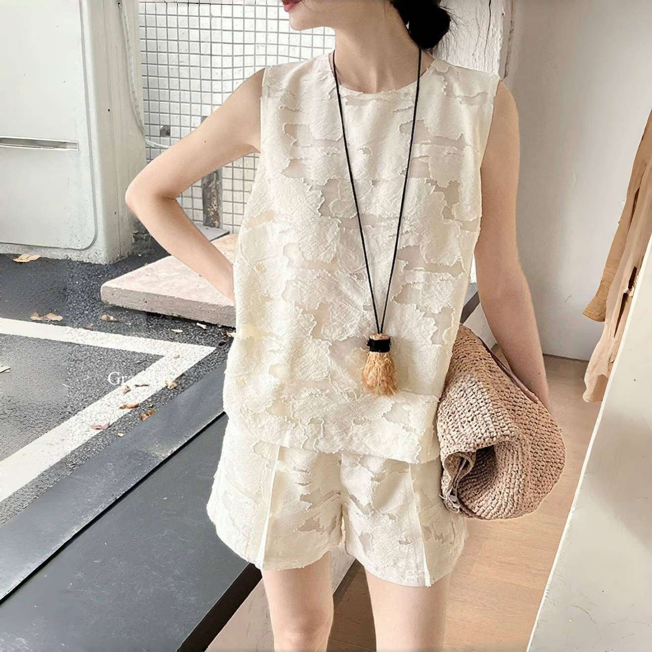 【セットアップ】夏 ジャカード おしゃれな ノースリーブ シャツ + ショートパンツ 2点上下セット 【JZシリーズ】