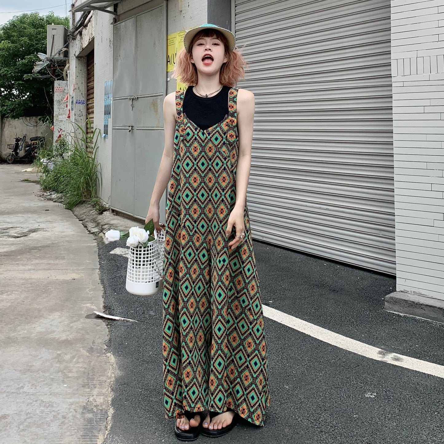 【ボトムス】夏新作 文芸ムードたっぷり 菱形チェック柄 オーバーサイズサロペットスカンツ オールインワン【SHシリーズ】