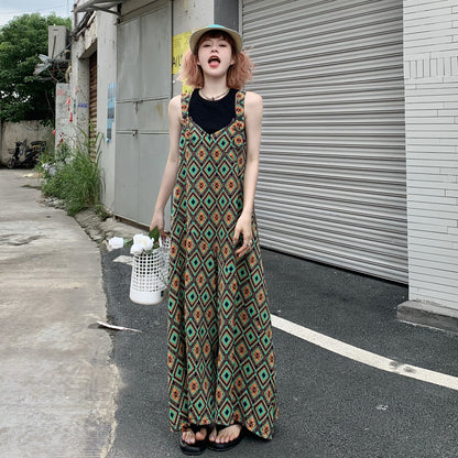 【ボトムス】夏新作 文芸ムードたっぷり 菱形チェック柄 オーバーサイズサロペットスカンツ オールインワン【SHシリーズ】