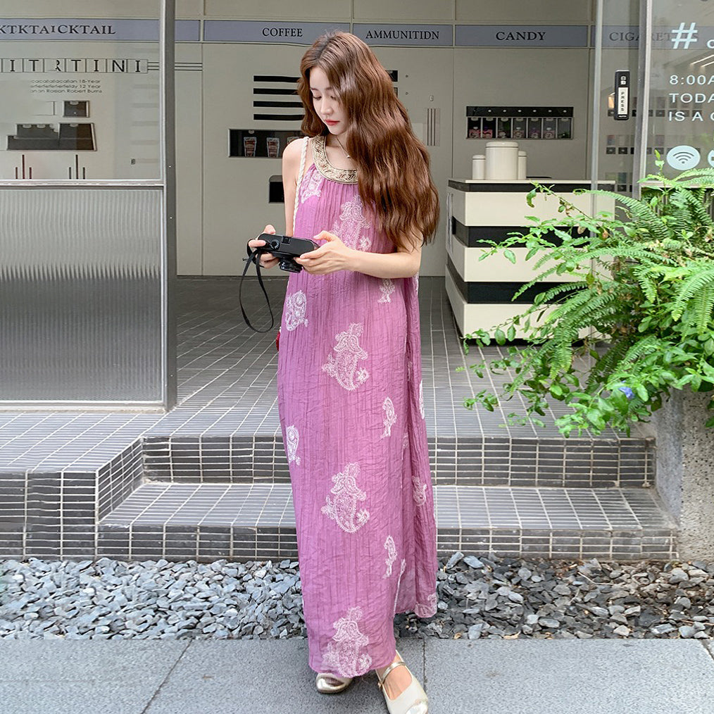 【ワンピース】夏 フレンチ風 ビーチリゾート 旅行  重工刺繍 ビーズ装飾 ノースリーブワンピース【SHシリーズ】