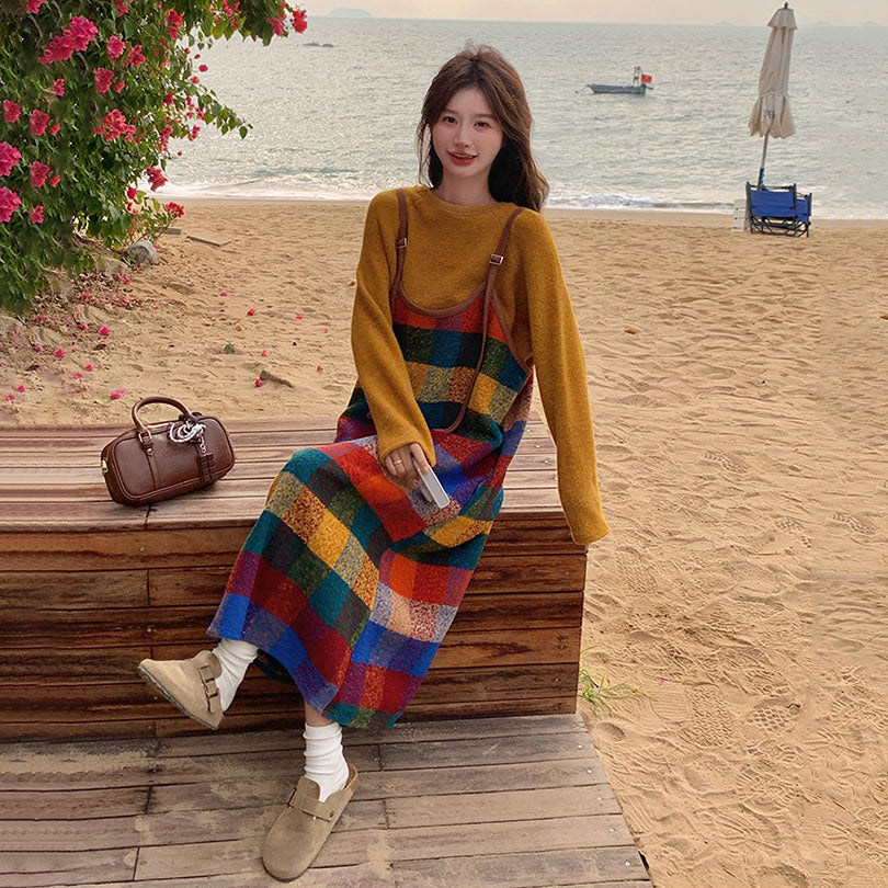 2点セット【セットアップ】韓国風 春秋 カラフルドーパミンチェック キャミワンピースセット レディース【SHシリーズ】【JZシリーズ】