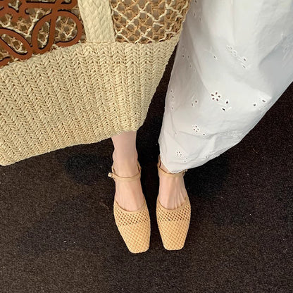 【シューズ】編み込み サンダル｜フレンチ ローヒールで通気性 大人可愛い一足