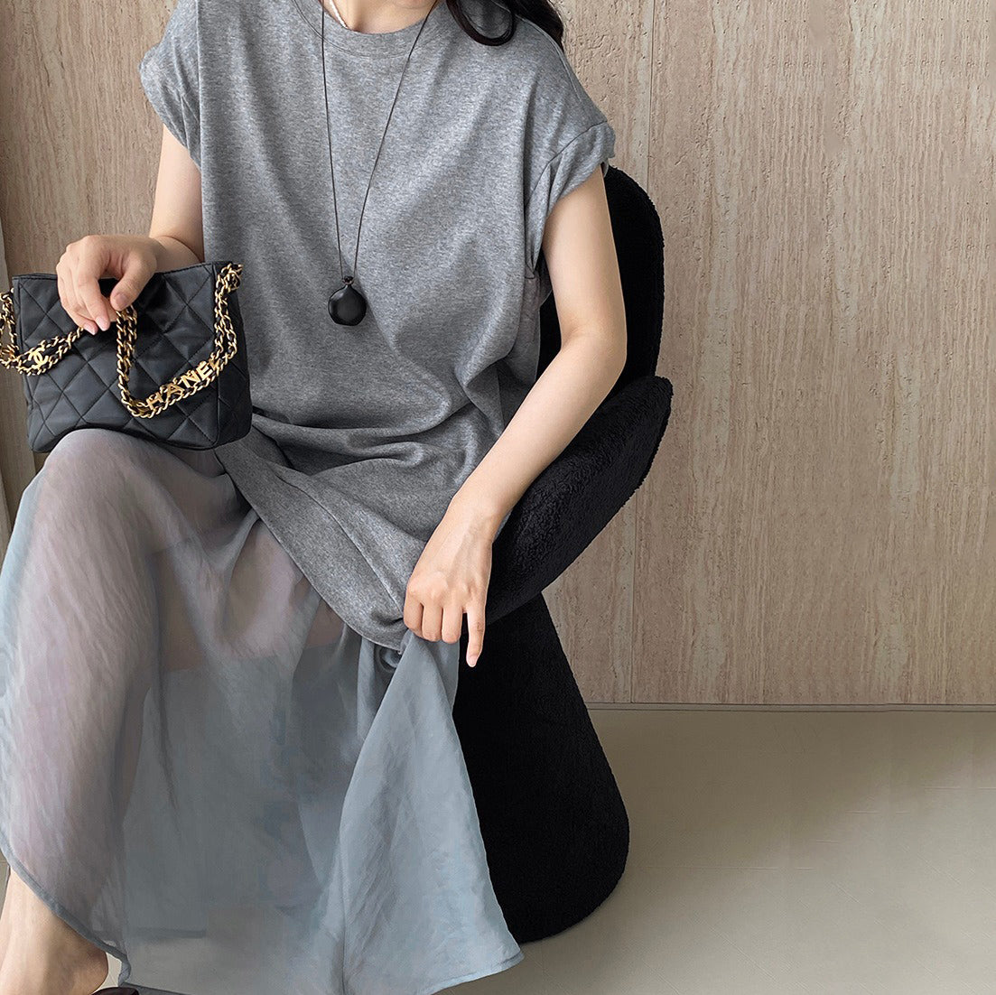 【ワンピース】カジュアル 夏 高級感 韓国風 フェイクツーイン ゆったり半袖Tシャツワンピース【JZシリーズ】