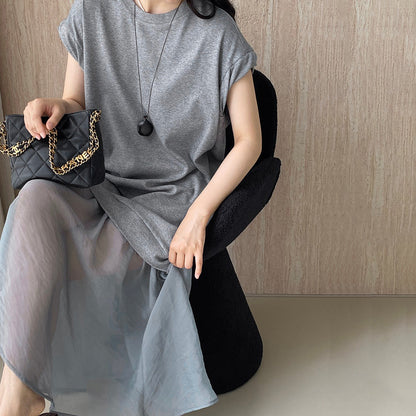 【ワンピース】カジュアル 夏 高級感 韓国風 フェイクツーイン ゆったり半袖Tシャツワンピース【JZシリーズ】