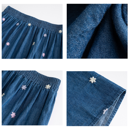 夏季刺繡牛仔半身裙｜花朵刺繡A字裙｜顯瘦中長款牛仔裙【SH系列】