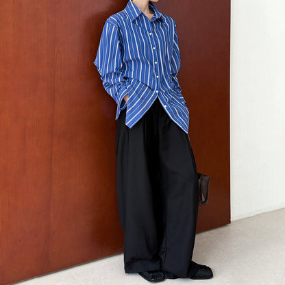 【トップス】秋先取り 韓国風ナチュラル ブルーストライプ ゆったりシャツ【JZシリーズ】