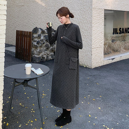 2点セット！【セットアップ】韓国風 ドット柄ウールベストワンピース＋インナートップス セット【JZシリーズ】