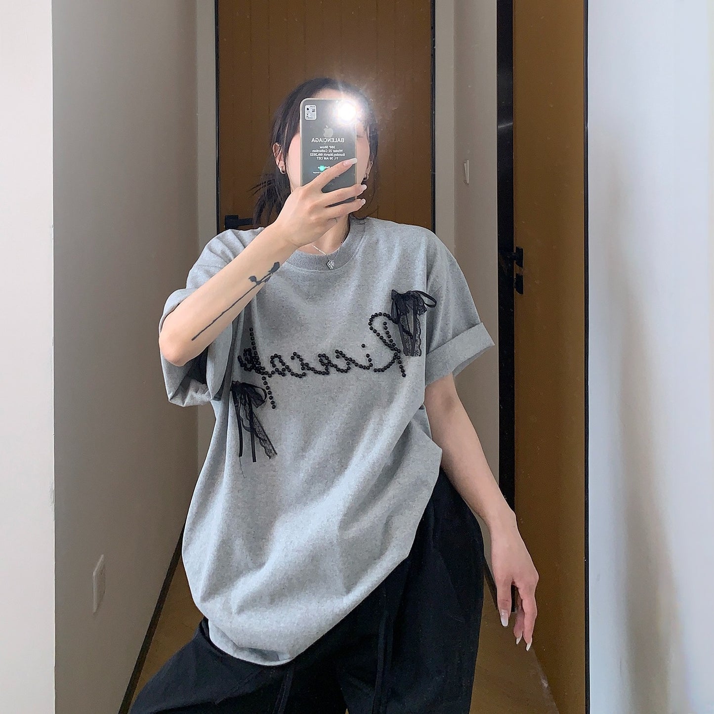 【トップス】夏  リボン ビジュー レース ルーズ 半袖 Ｔシャツ 【FCシリーズ】