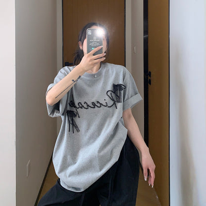 【トップス】夏  リボン ビジュー レース ルーズ 半袖 Ｔシャツ 【FCシリーズ】