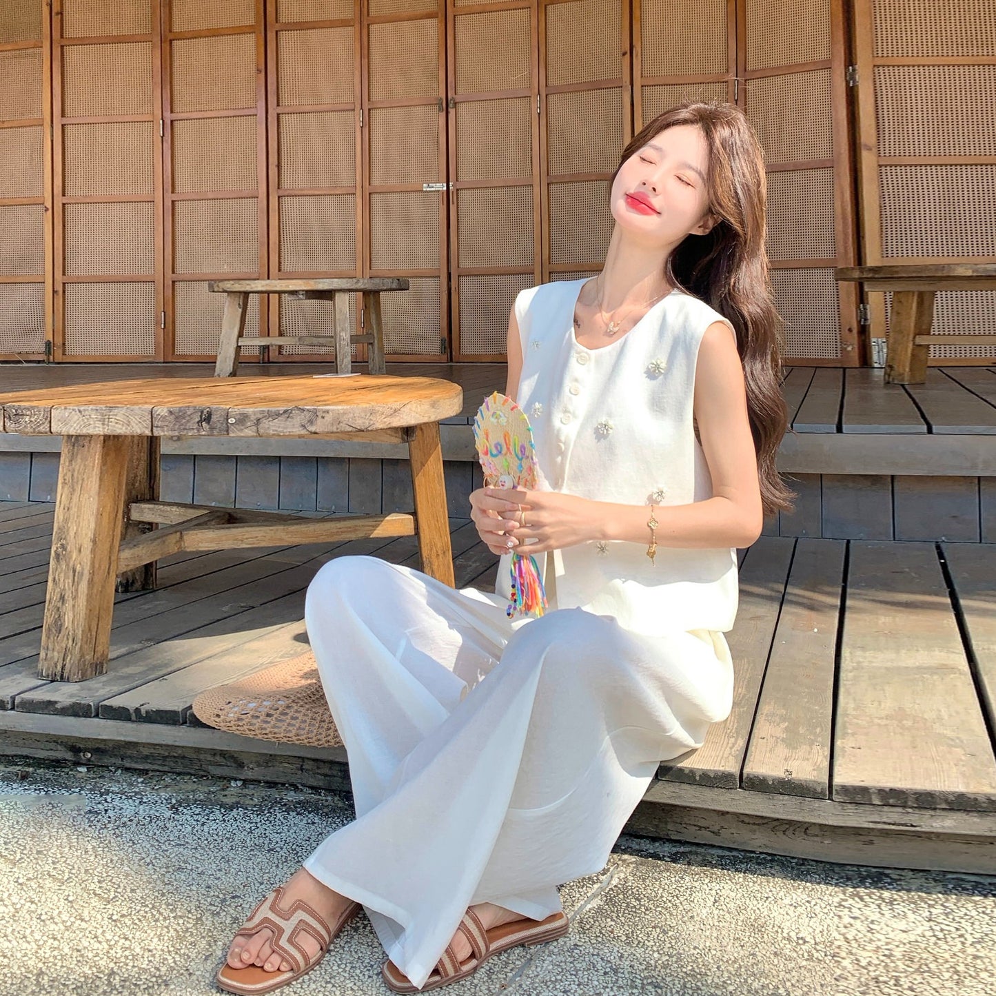 2点セット！【セットアップ】ベスト ワイドパンツ  上下セット レディース 春夏 ゆったり 体型カバー 人気 リゾートコーデ【JZシリーズ】