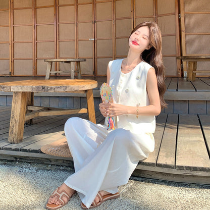 2点セット！【セットアップ】ベスト ワイドパンツ  上下セット レディース 春夏 ゆったり 体型カバー 人気 リゾートコーデ【JZシリーズ】