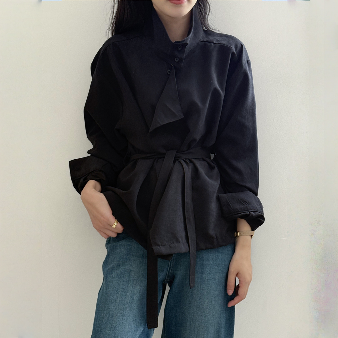 【トップス】春 秋 冬 ハイネック ウエストベルベット調 リボン シャツ 【JZシリーズ】