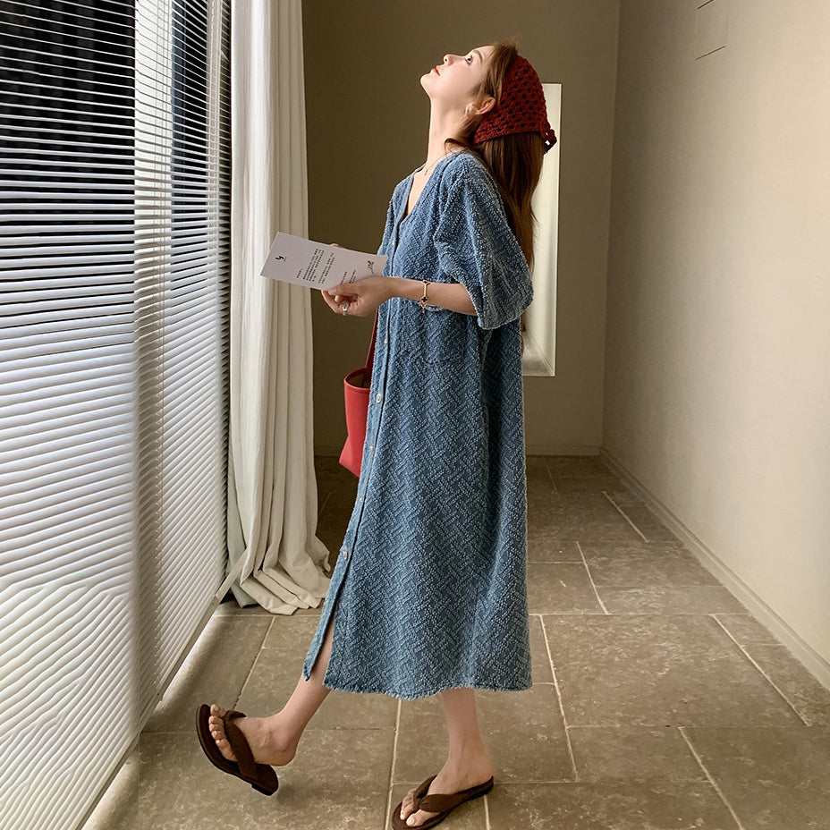【ワンピース】夏 リラックス感 Vネック デニム半袖ワンピース 薄手 レディース ゆったりカジュアルロング丈【JZシリーズ】
