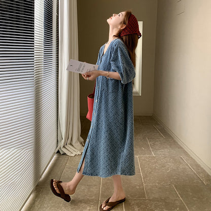 【ワンピース】夏 リラックス感 Vネック デニム半袖ワンピース 薄手 レディース ゆったりカジュアルロング丈【JZシリーズ】