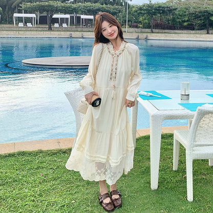 【ワンピース】ベージュ フラワーレース刺繍襟 ワンピース レディース 新作 長袖 フェミニン フレンチ風ロングドレス【JZシリーズ】