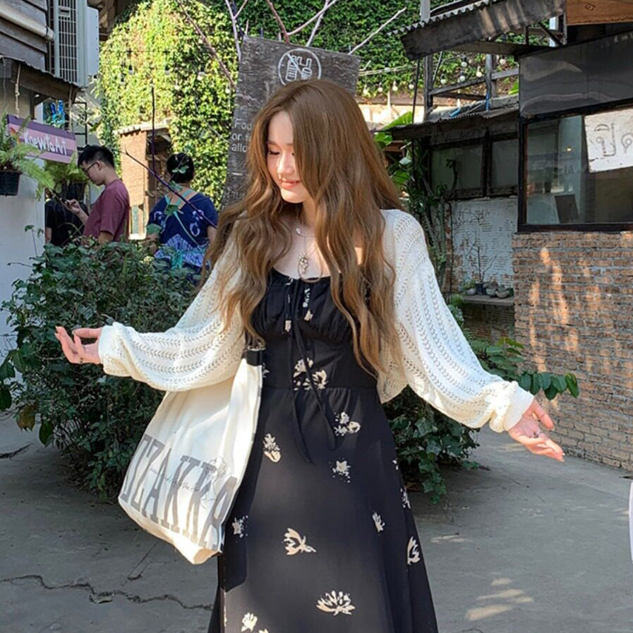 M~4XL【セットアップ】【単品注文】フレンチシック黒花柄キャミワンピース レディース 大きいサイズ 夏 ロング丈 ノースリーブ ウエストマーク 上品スタイル【SHシリーズ】
